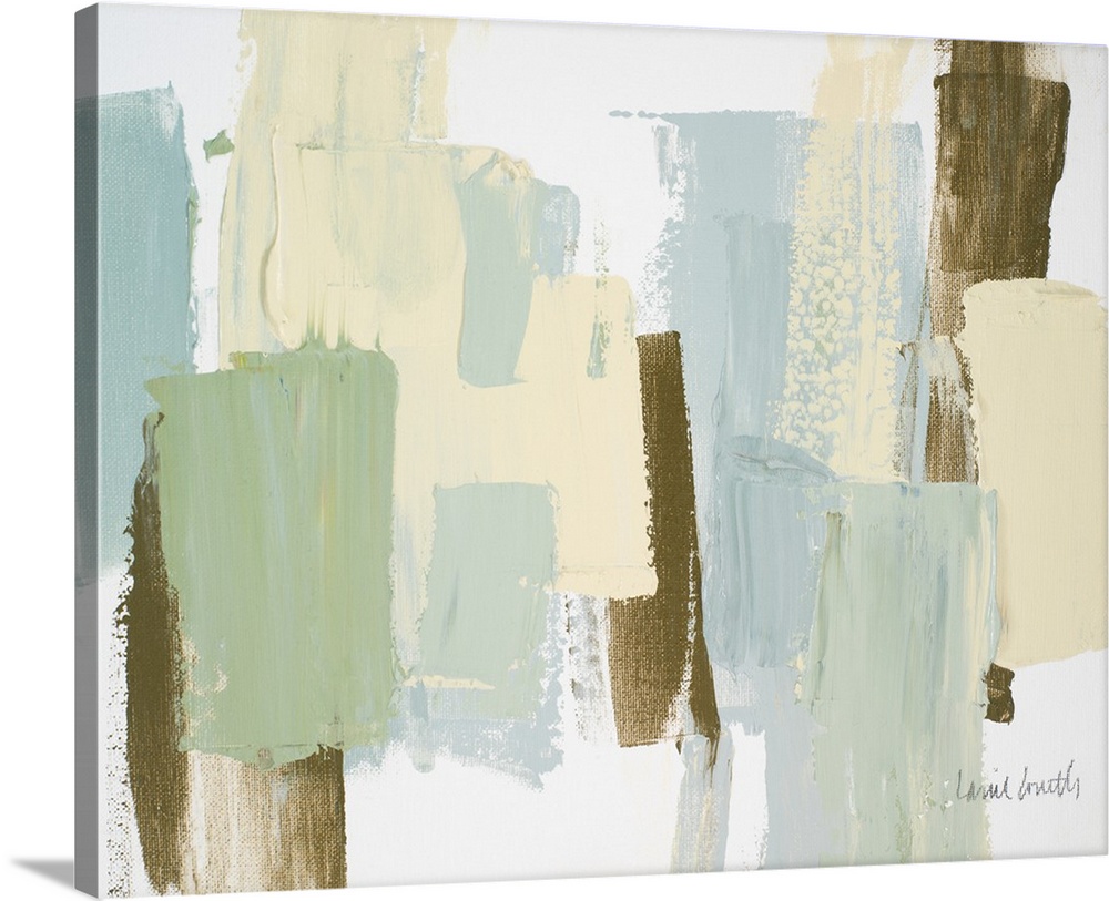 Abstract painting with pale green, yellow, blue, and dark gold thick vertical brushstrokes layered on top of each other.