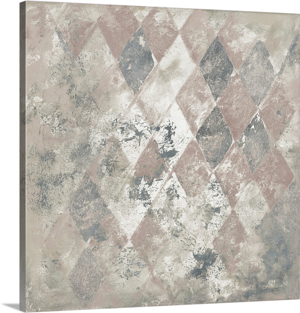 A contemporary abstract painting of a gray toned diamond pattern.