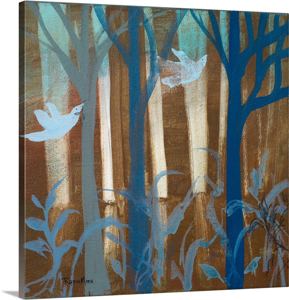 Two pale blue birds flying through a dark brown and blue forest.