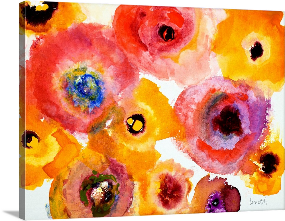 A floral watercolor painting with bright, warm hues.