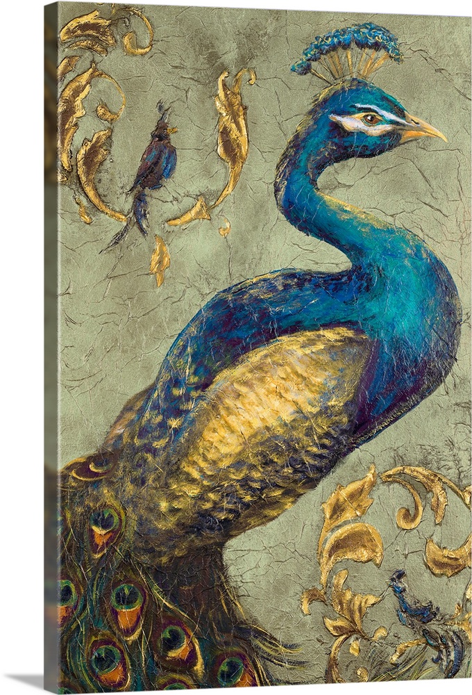 This large vertical canvas shows a beautiful peacock with golden feathers.