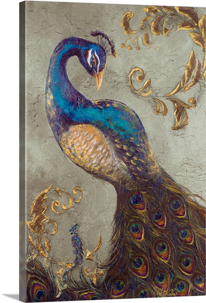Painting of a feathered bird with long neck posing.  Its colorful eye-like tail feathers fill the bottom of the canvas.  T...
