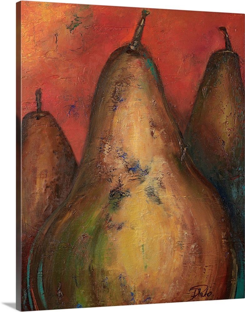 Painting of three pears on a warm background with a  brush stroke texture over top.
