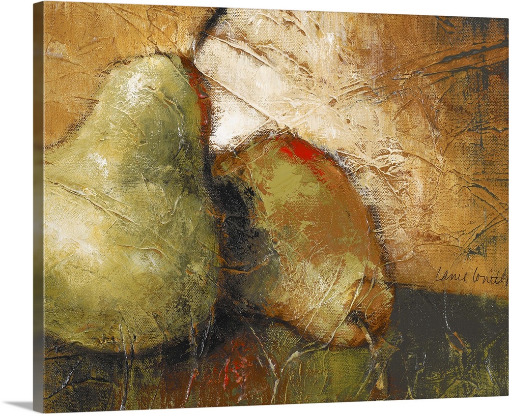 Painting of fruit sitting on a table.  The image is textured with visible paint strokes.