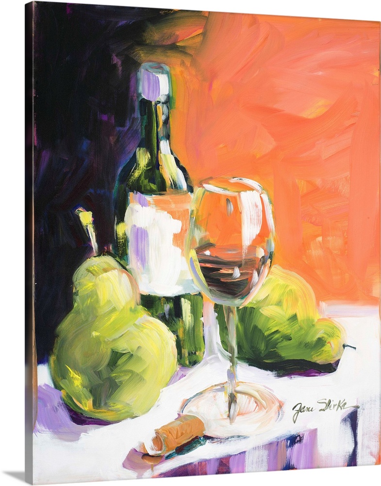 Still life painting of a wine bottle and glass with two pears.