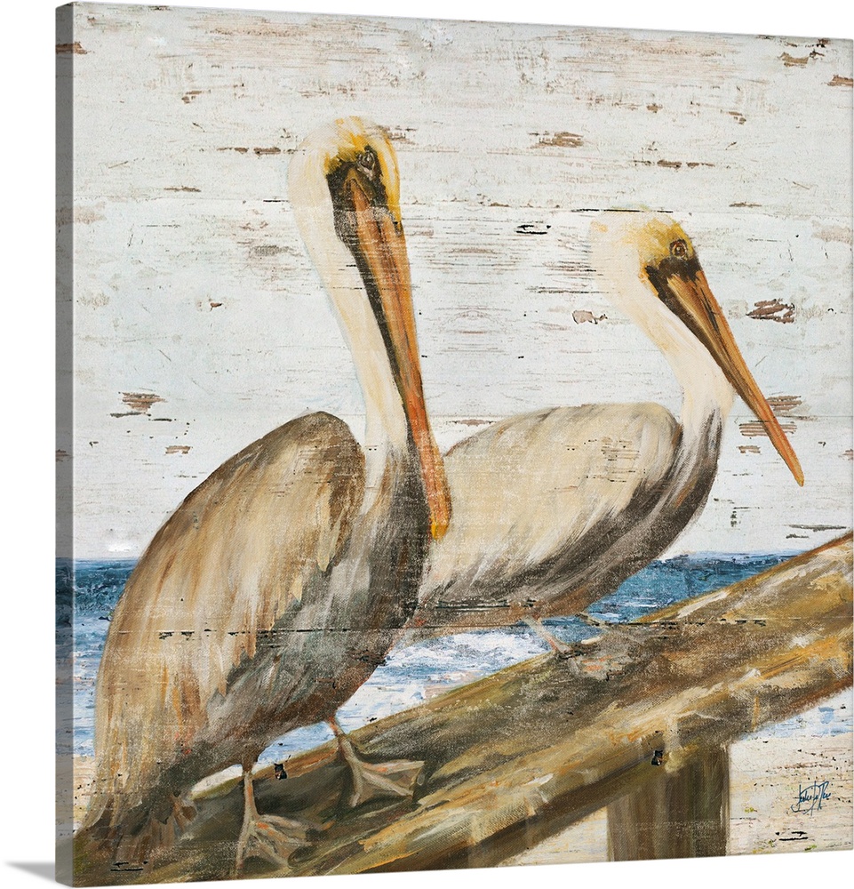 This contemporary artwork features illustrated brush strokes of two pelicans with a distressed texture throughout.