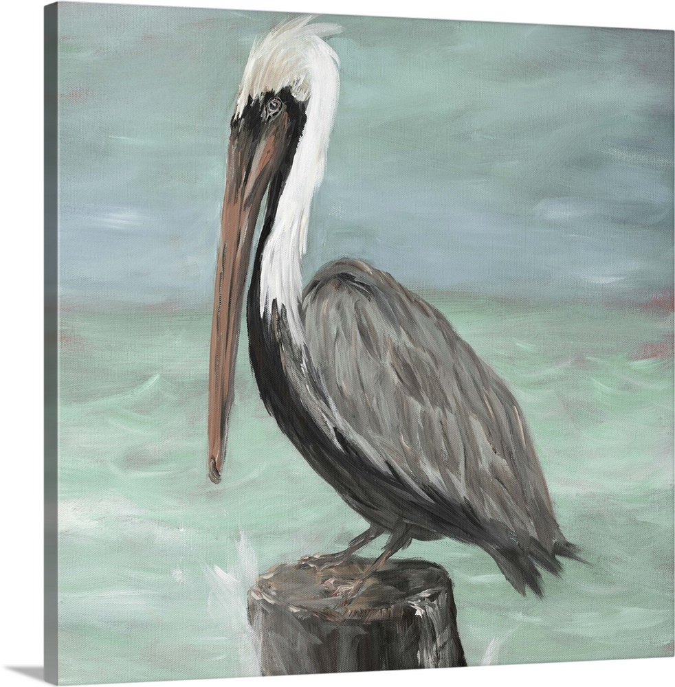 A contemporary painting of a pelican perched on a wooden stump with the ocean waves crashing into it.