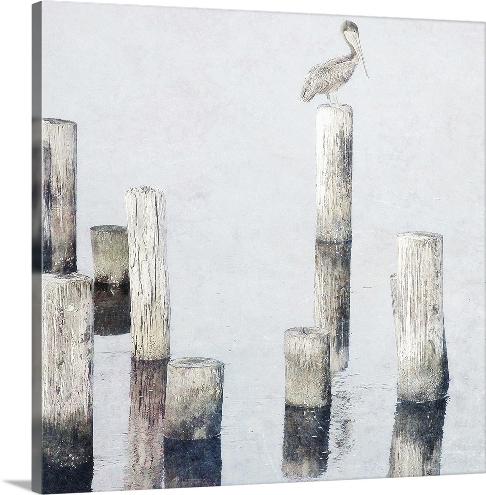 Painting of a pelican perched on a post standing in the ocean.