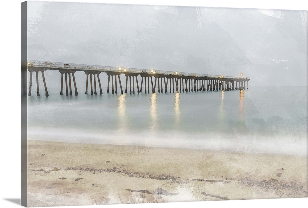 An abstract of a pier and the shore with muted colors.