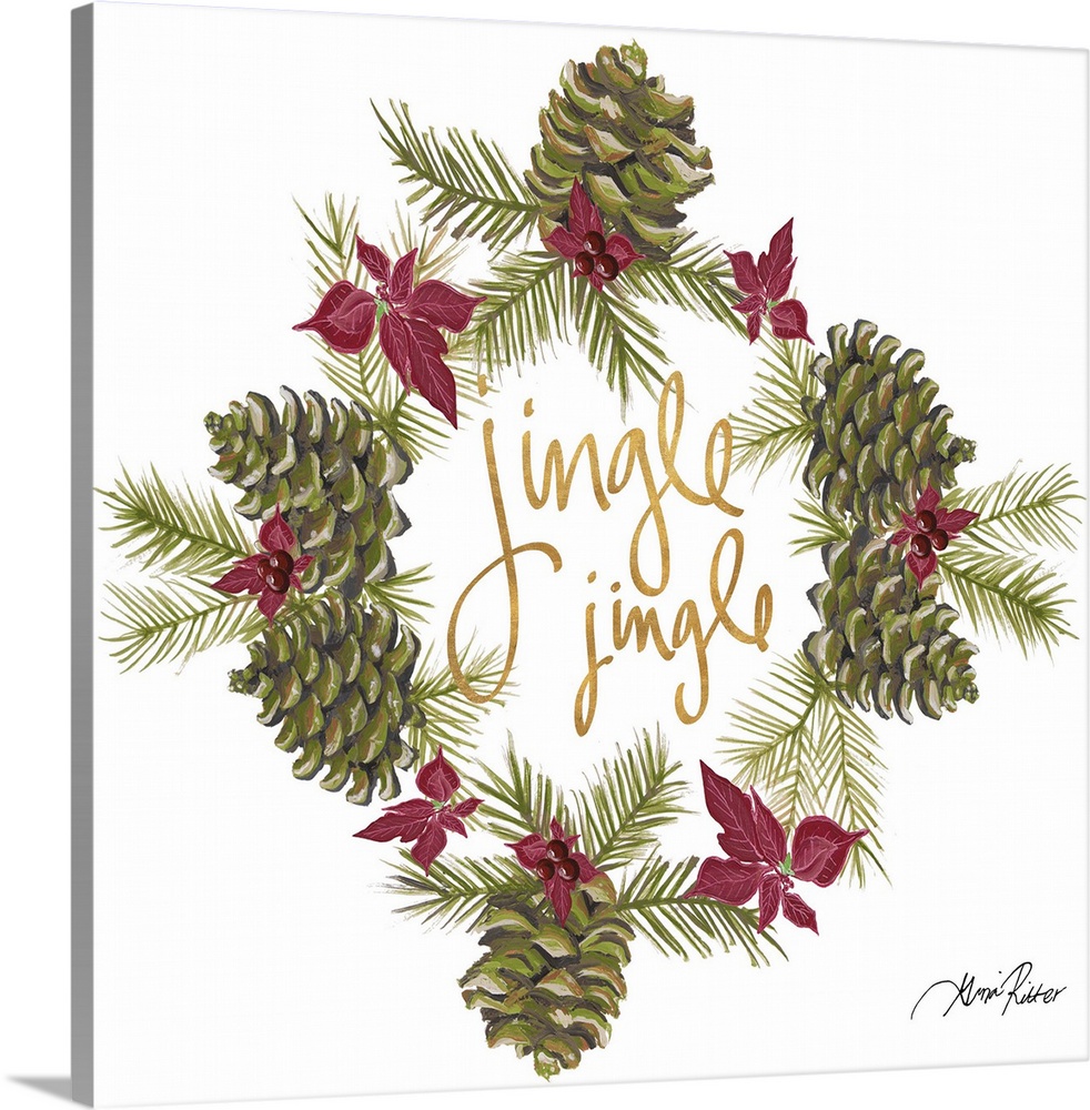 Golden lettering in the center of a wreath made of pinecones and poinsettias.