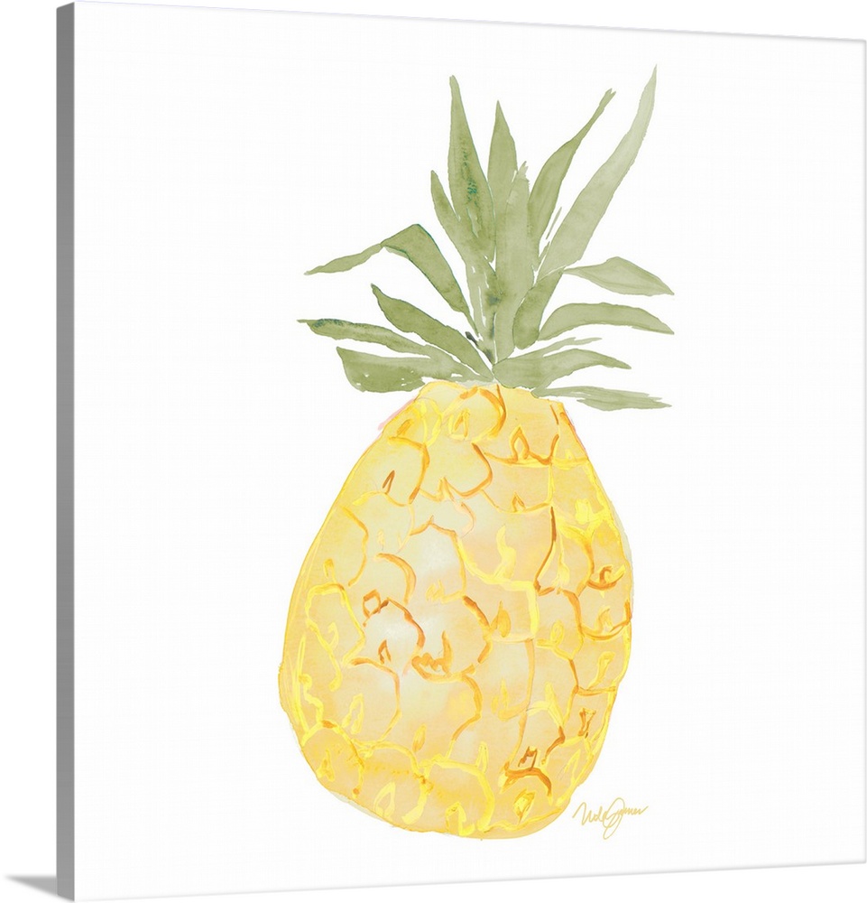 Square watercolor painting of a pineapple with golden highlights.
