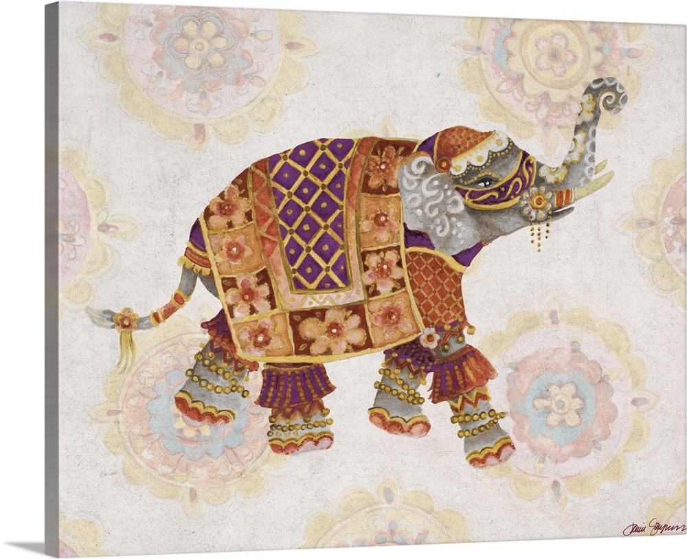 A decorative painting of a festive elephant on a floral medallion background.