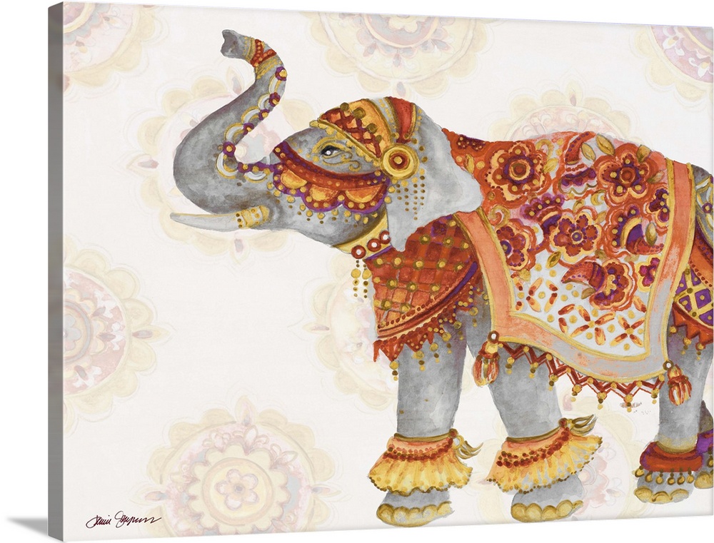 Illustration of an elephant with its trunk raised, wearing colorful decorative fabrics.