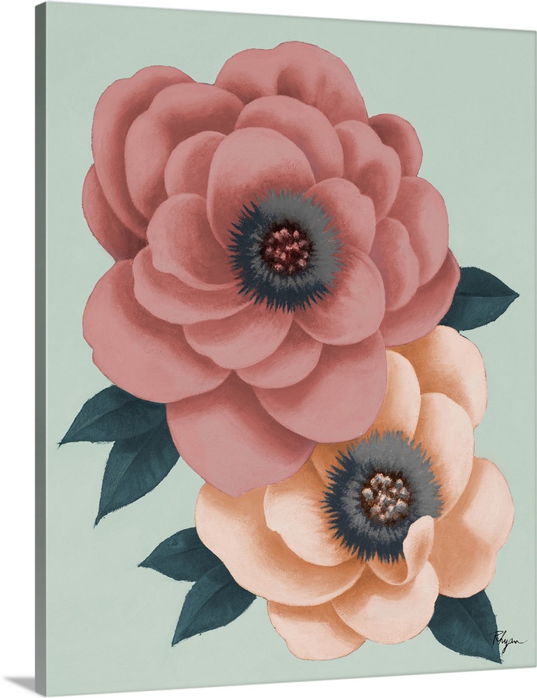 Contemporary painting of one dark and one li
Tags:ght pink flower on a mint green background.