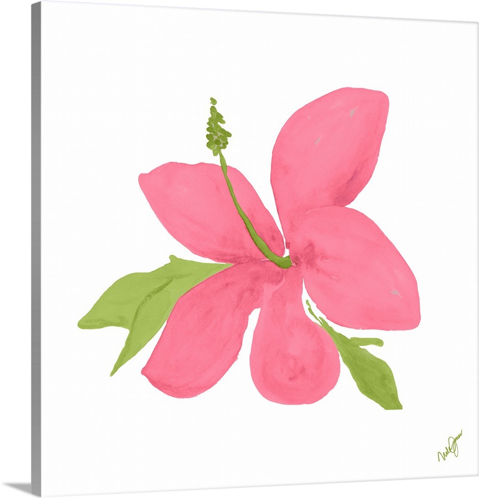 Square painting of a pink hibiscus flower with green leaves on a solid white background.