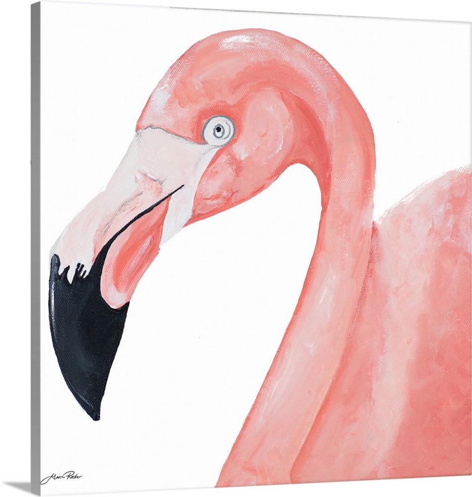 A contemporary close-up painting of a pink flamingo on a white background.