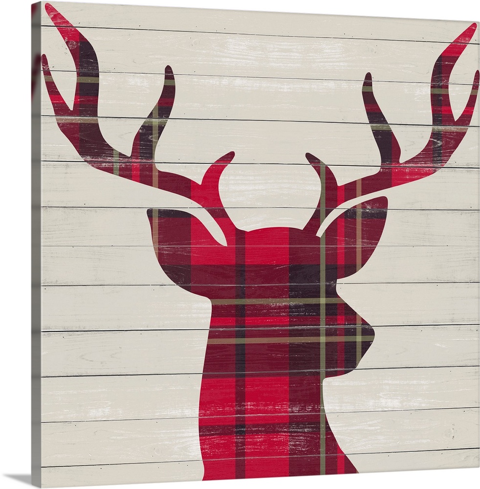 A red plaid silhouette of a deer on a wood paneled background.