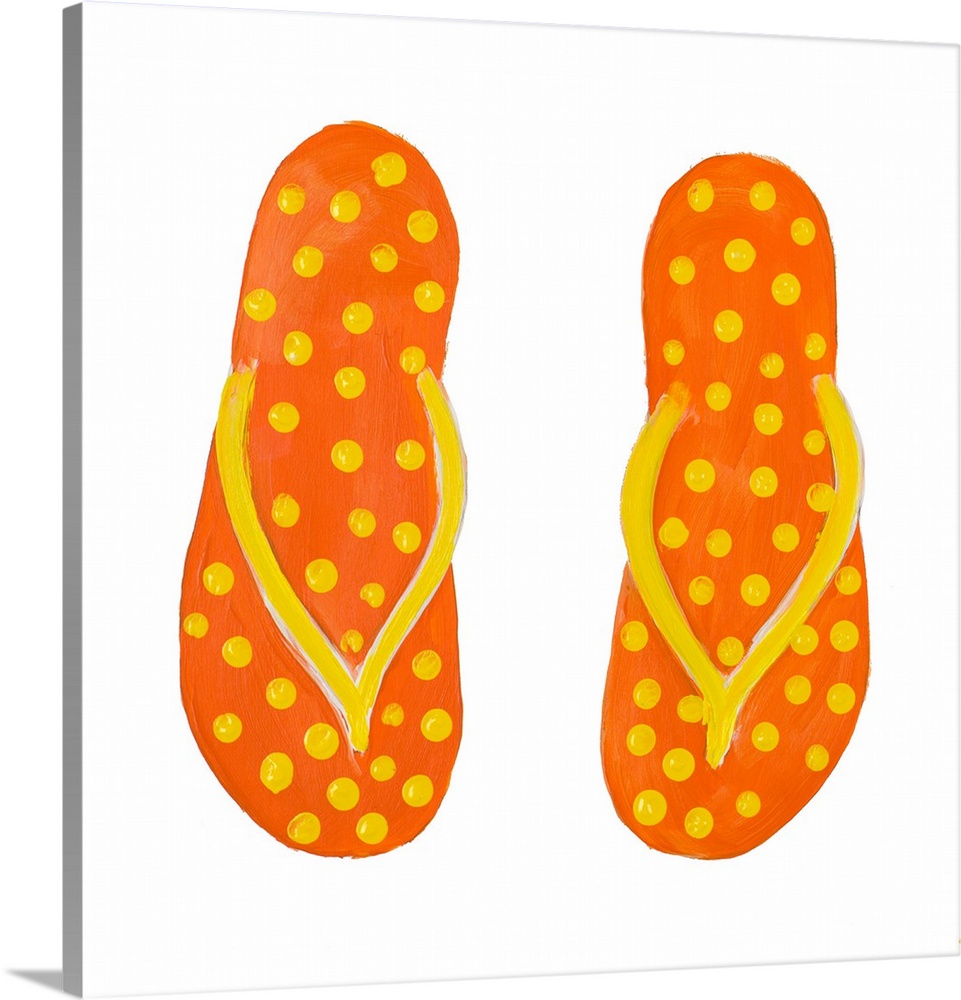 Square painting of orange flip flops with yellow polka dots.