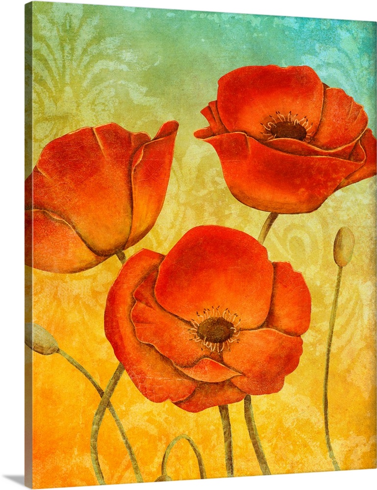 Contemporary painting of three red poppies on a yellow and blue background.