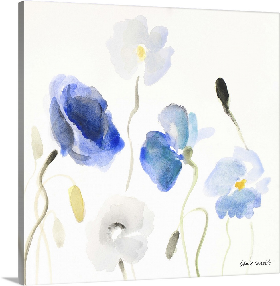 A watercolor painting of blue poppy flowers.