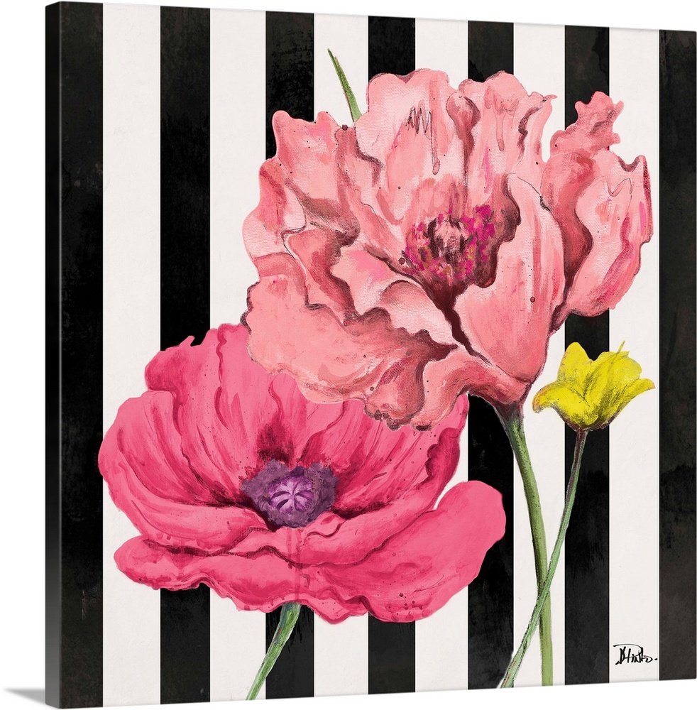 A square painting of pink poppy flowers on a black and white vertically striped background.
