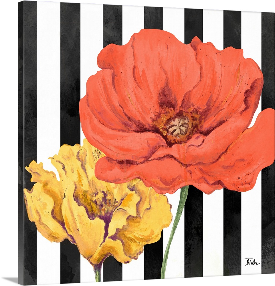 A square painting of two poppy flowers on a black and white vertically striped background.