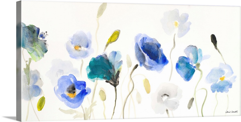 A floral watercolor painting with flowers in different shades of blue.