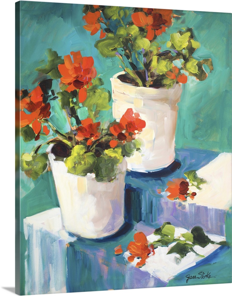 Still life painting of two white pots with red poppies.