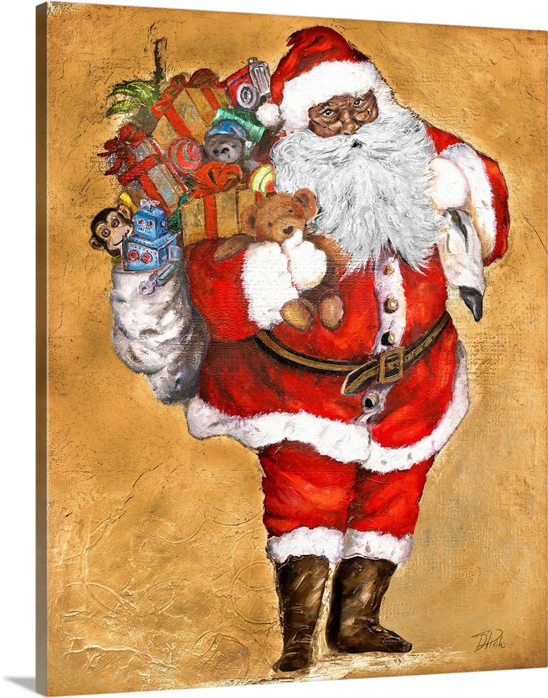 Santa Claus holding a bag of gifts and toys.