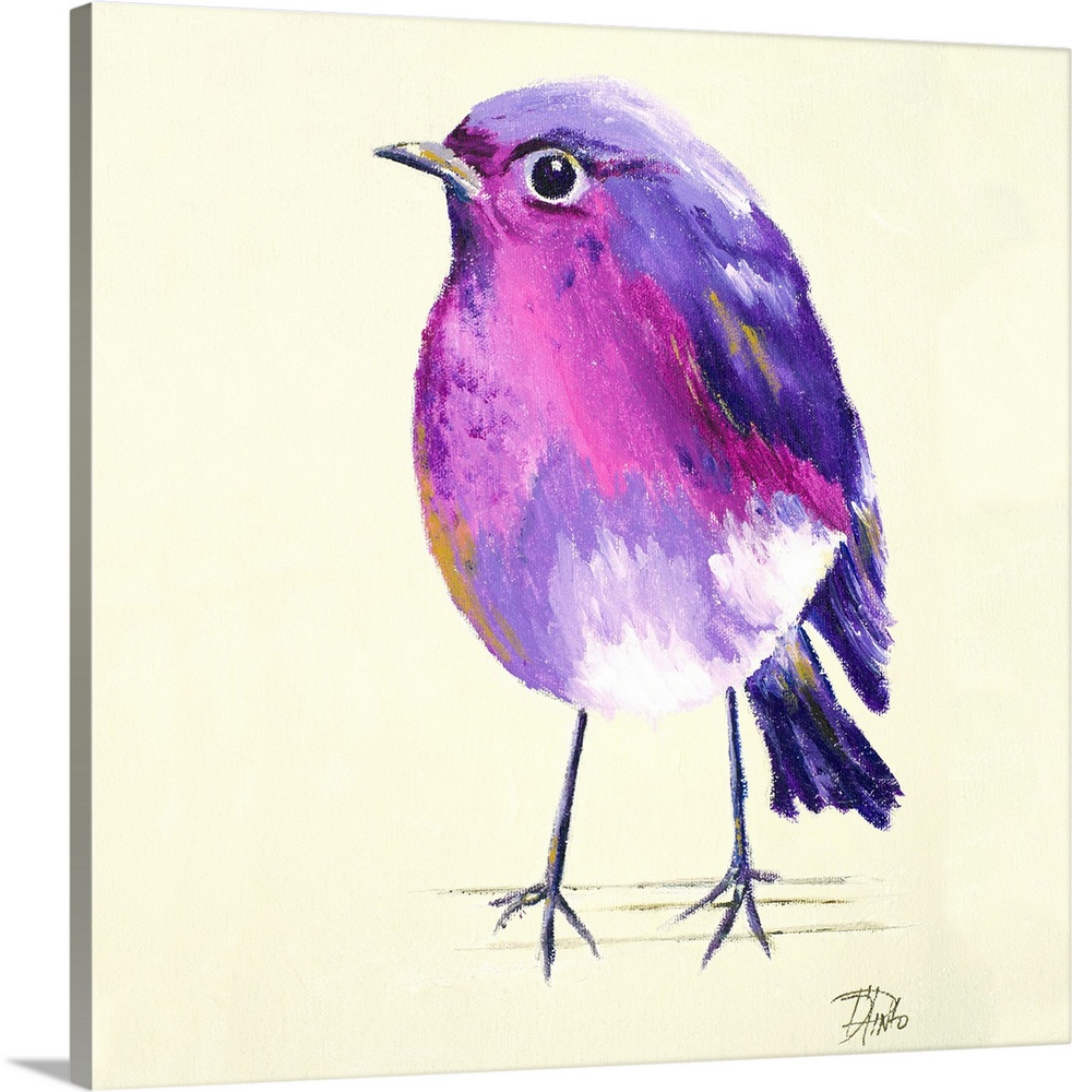 Contemporary painting of a purple and pink bird against a cream background.