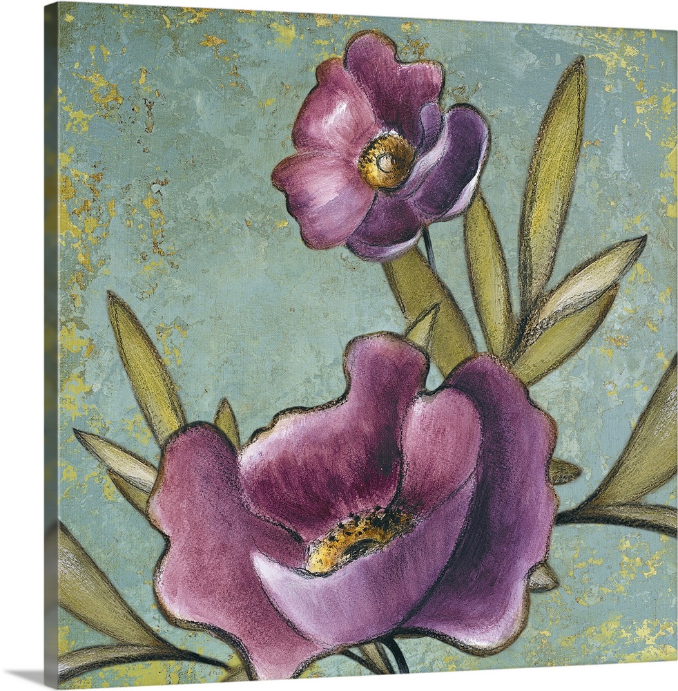 This square piece has two delicate flowers painted against a rugged distressed background.