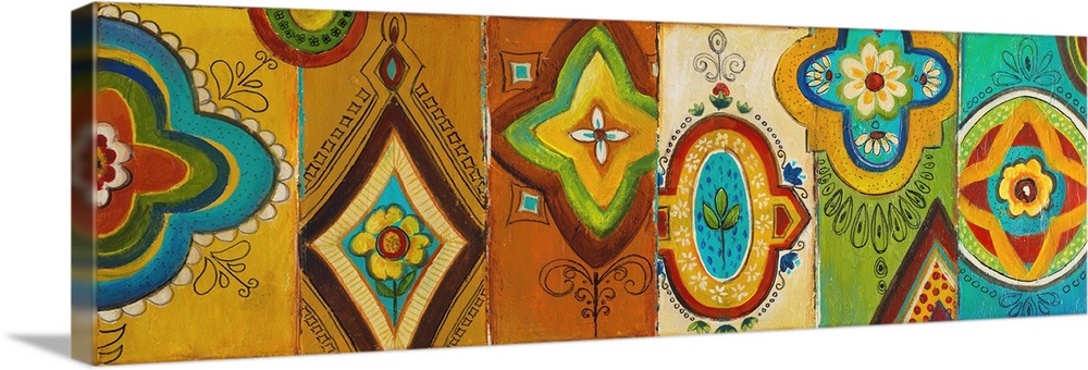 Contemporary painting of a collection of folk art shapes on a multicolored background.