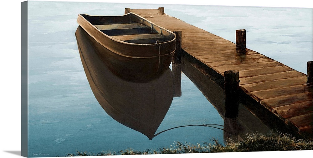 Contemporary artwork of a small boat tied to a pier in a lake.