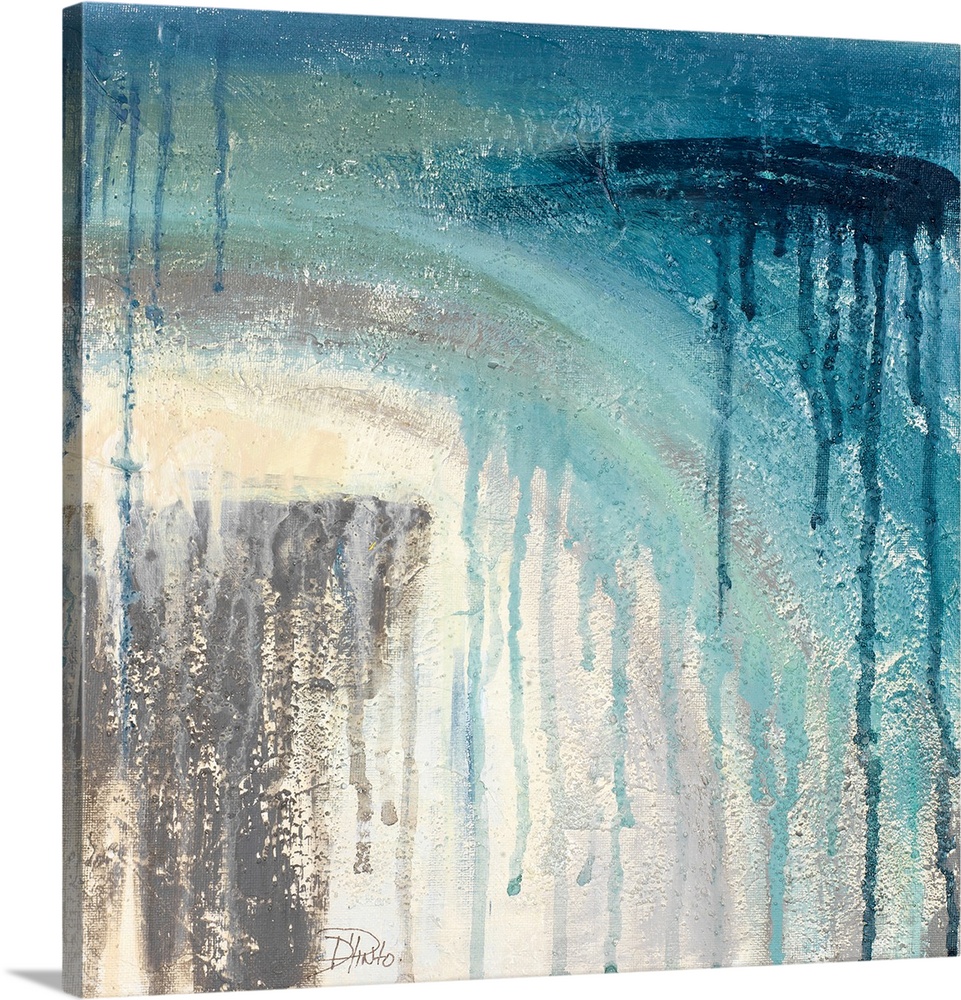 A contemporary abstract painting with arched brushstrokes and blue paint dripping to resemble rain.