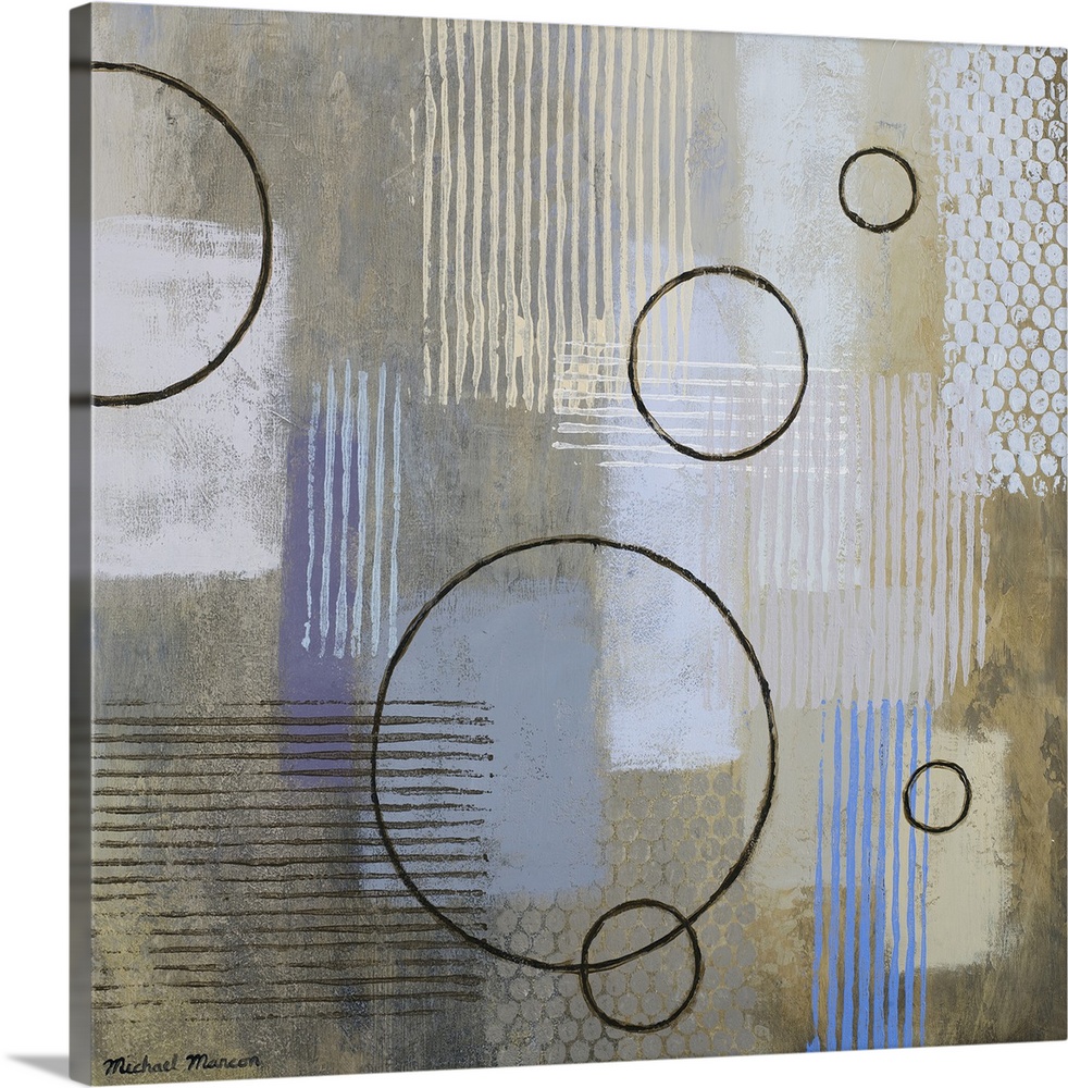 Modern abstract artwork of a mix of rectangular patterns and circular shapes in mostly neutral tones.