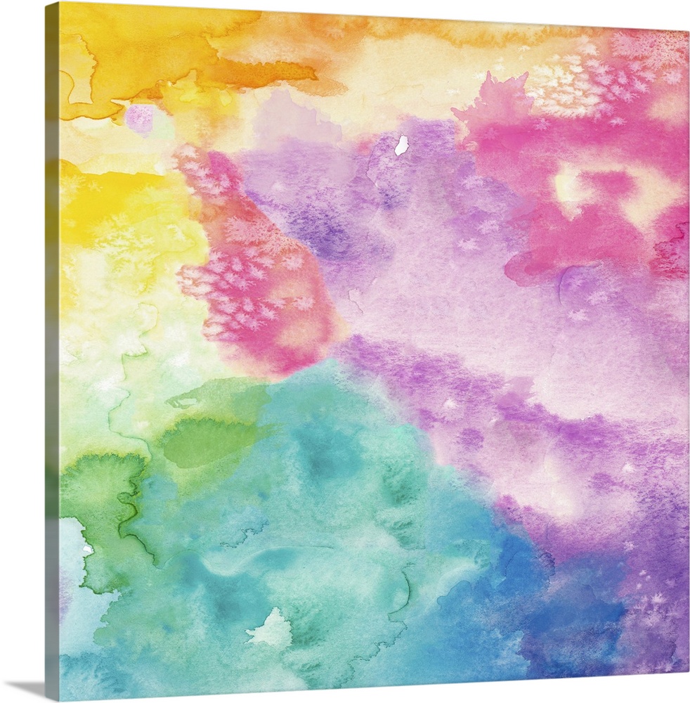 Square abstract watercolor painting using all of the colors of the rainbow.