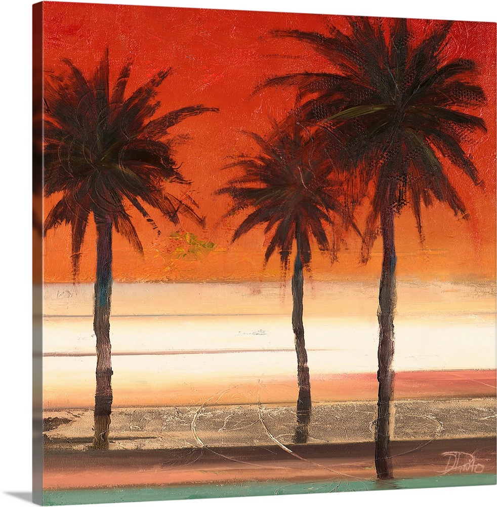 A painting of three palm trees with a deep red and orange sunset in the background.