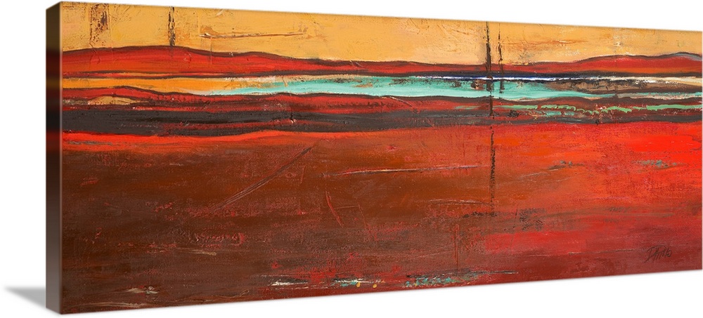 Contemporary abstract painting with horizontal strokes of deep color, resembling hills on the horizon of a desert landscape.
