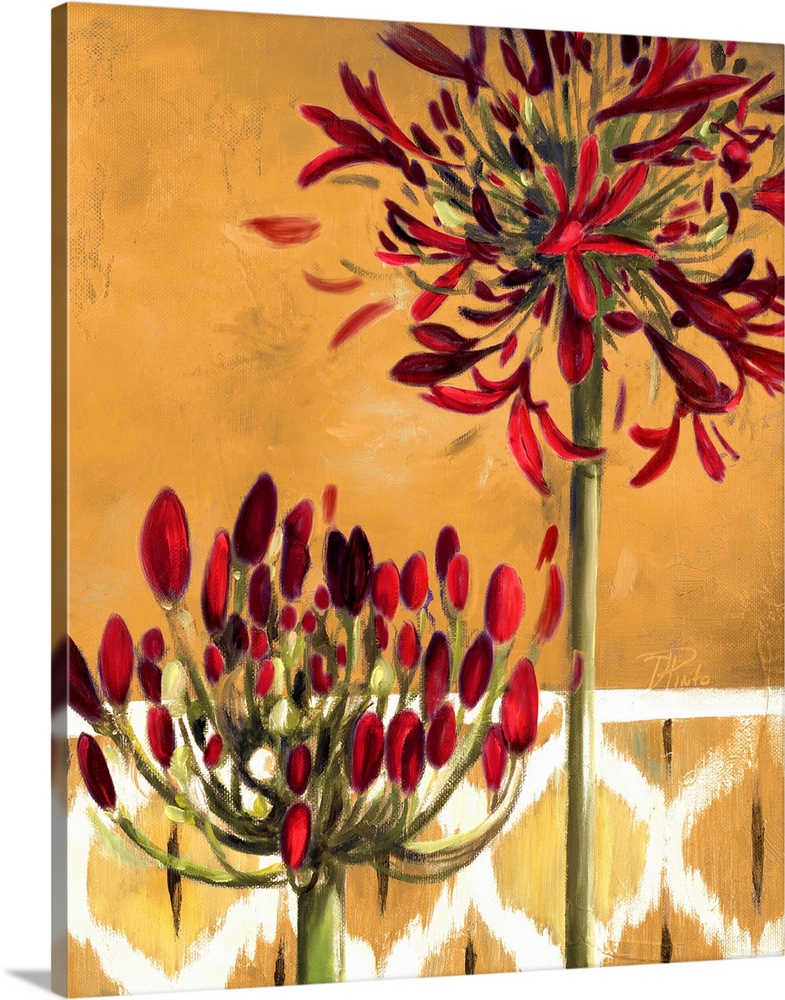 Beautiful home docor picture of two floral stalks almost ready to bloom in front of a textured patterned background.