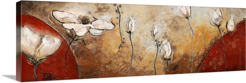 A panoramic painting of white flowers floating in the air with large red half circles on either side.