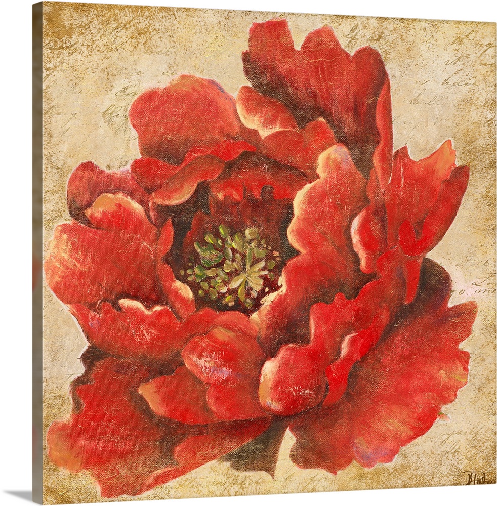 Square painting of a flower on top of a grungy textured background.