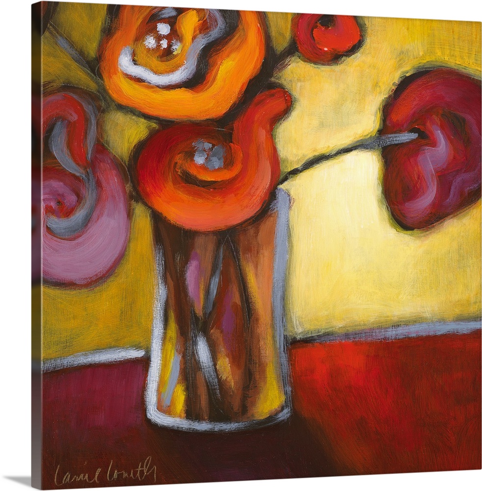 Floral painting of blooming poppy flowers in a clear vase.