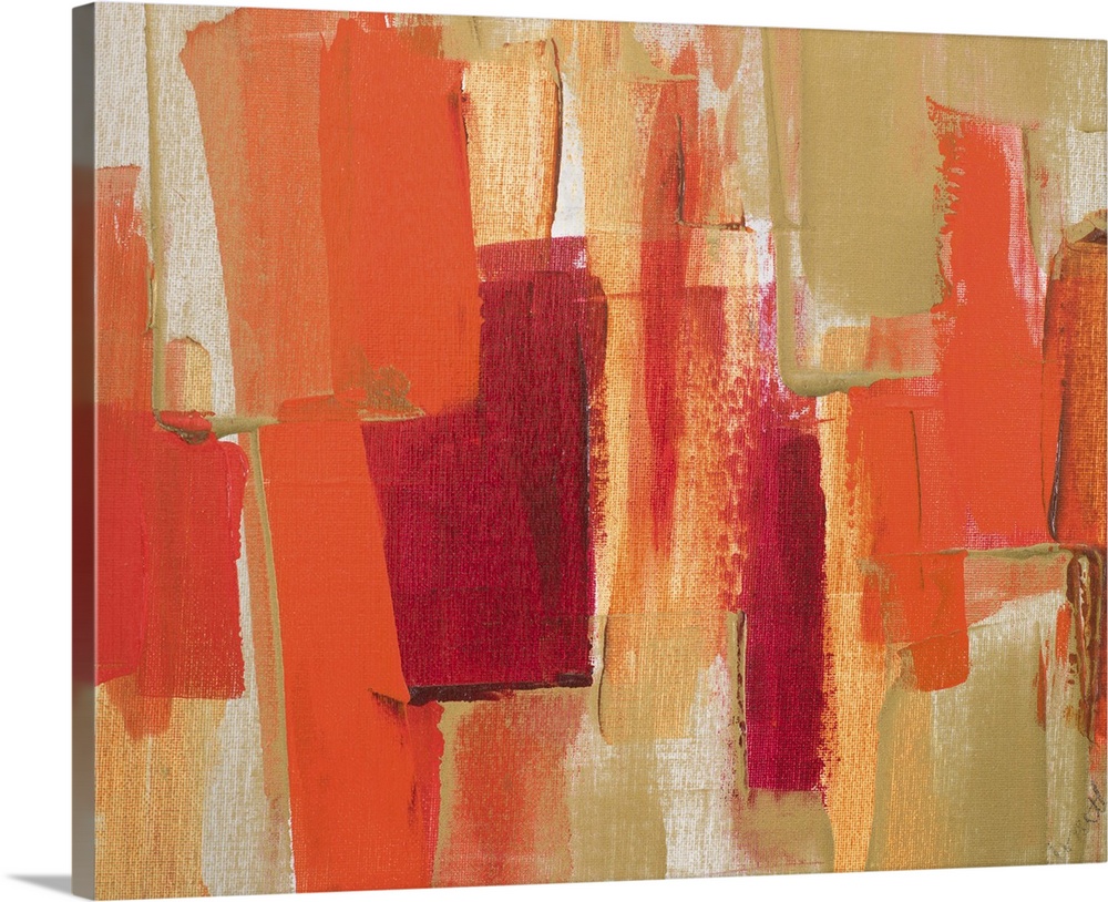 Contemporary abstract painting of red geometric shapes against a light brown background.