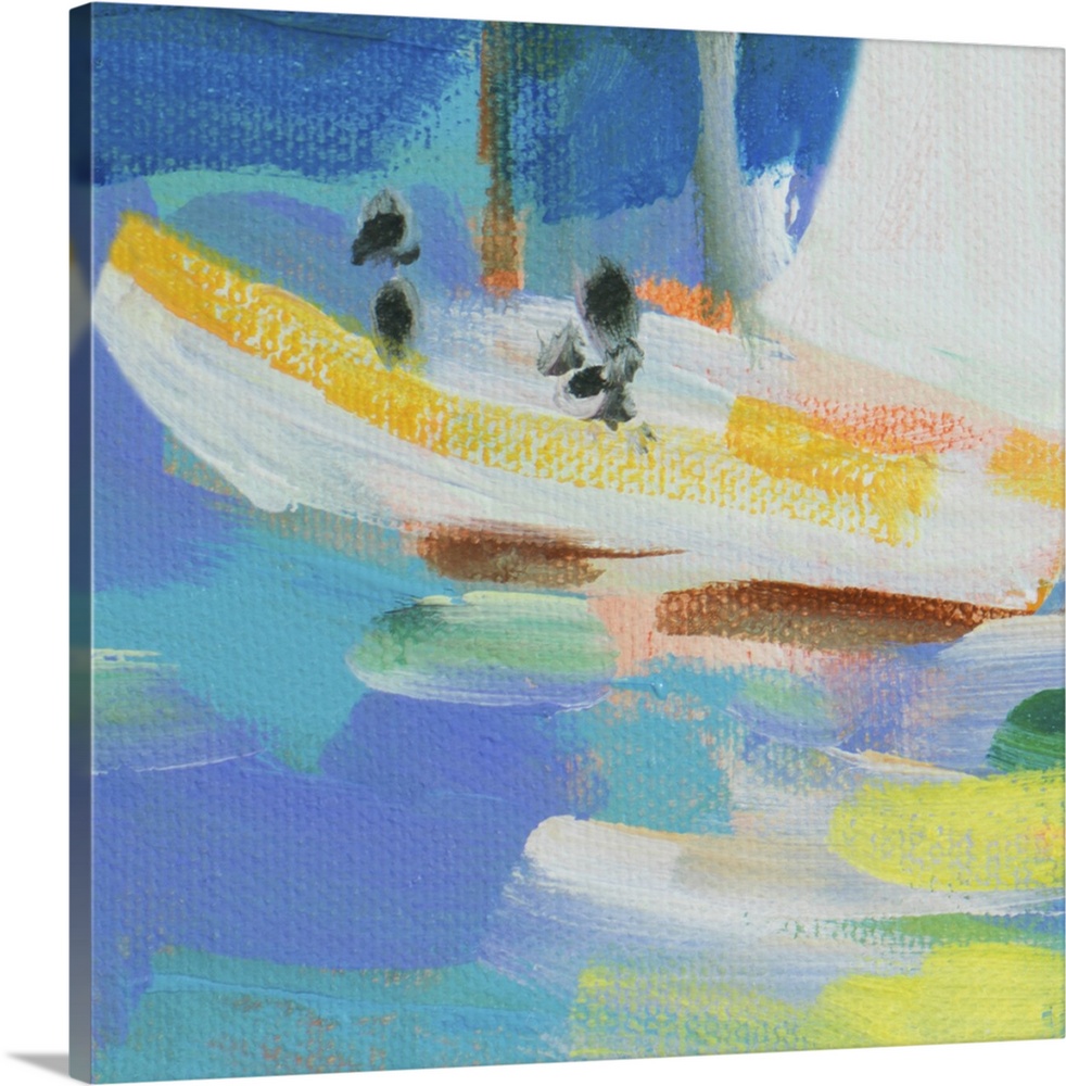 Contemporary painting of a small boat in the ocean.