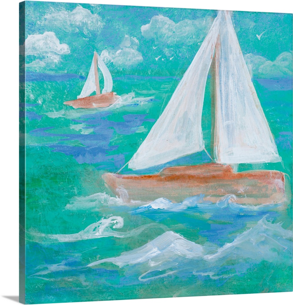 Painting of a sailboat on the water on a cloudy day.