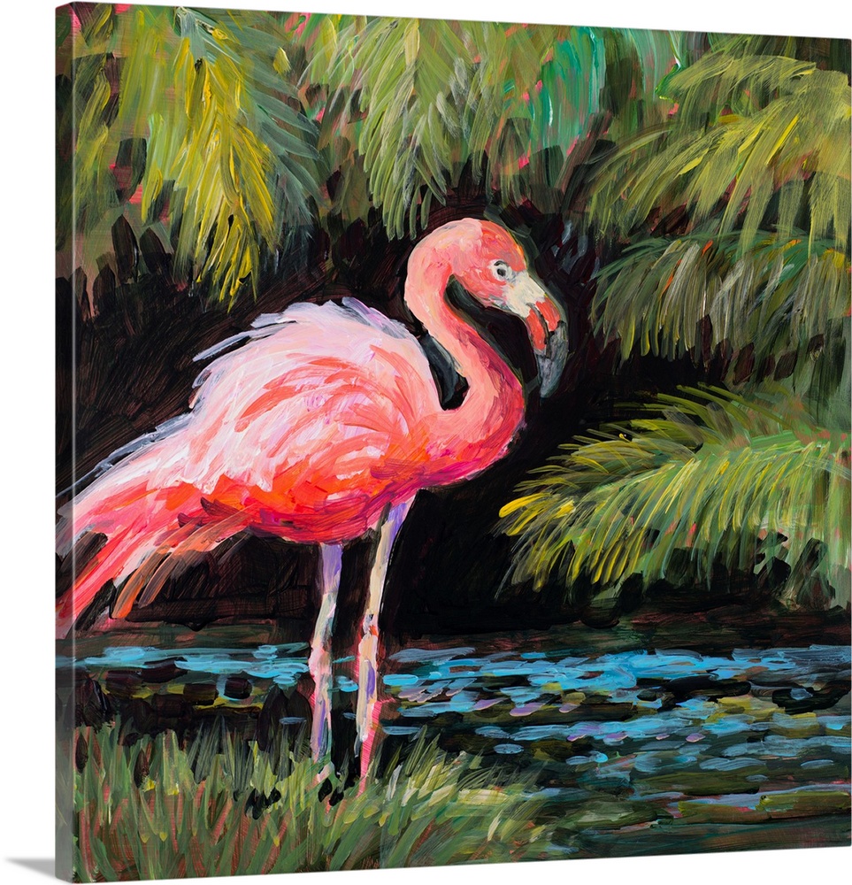 Contemporary artwork of a jovial flamingo at the edge of a water with tropical leaves in the background.