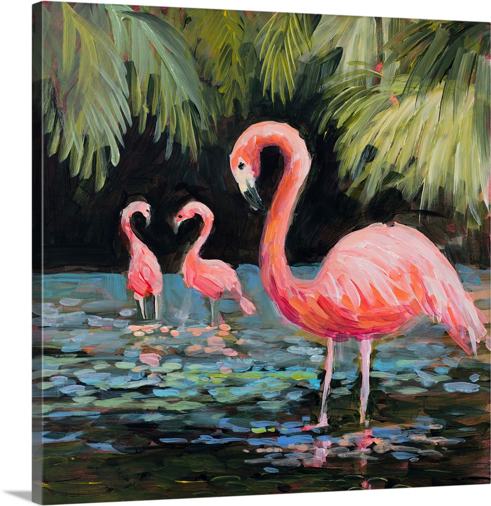 Contemporary artwork of jovial flamingos wading in the water with tropical leaves in the background.