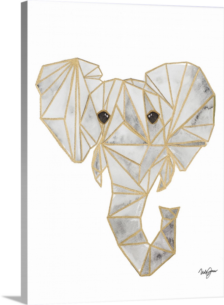 Watercolor painting of an elephant created with metallic gold geometric shapes on a solid white background.