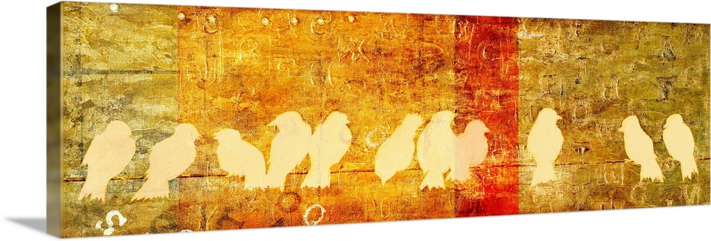 Panoramic artwork of eleven bird silhouettes on a wire with an abstract background.