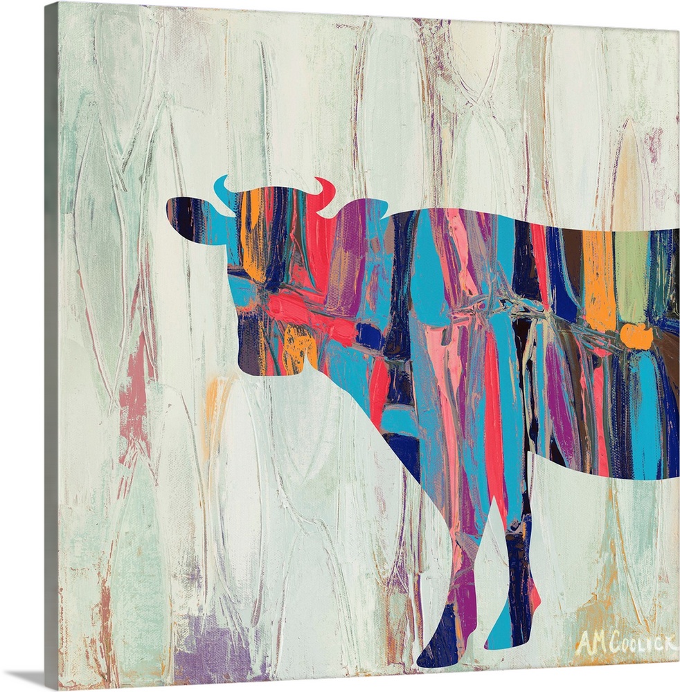 Abstract painting of a cow silhouette with bright colors against a neutral background.